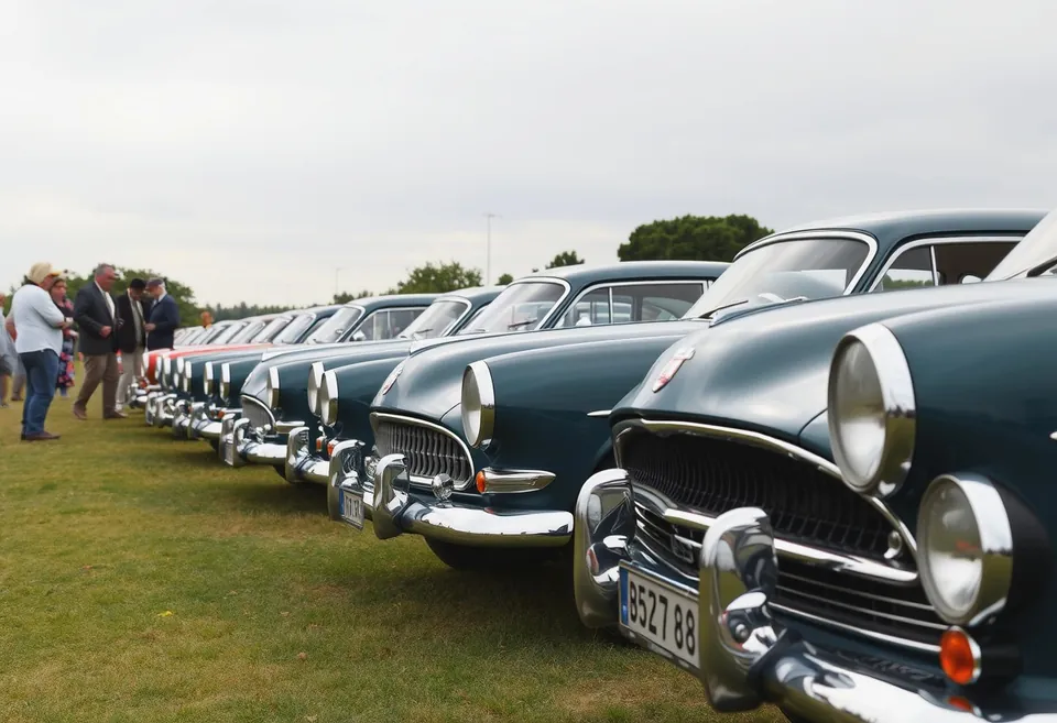 Restored cars lined up on cut grass at a concours display, bonnets open, owners standing in the shade beside them.