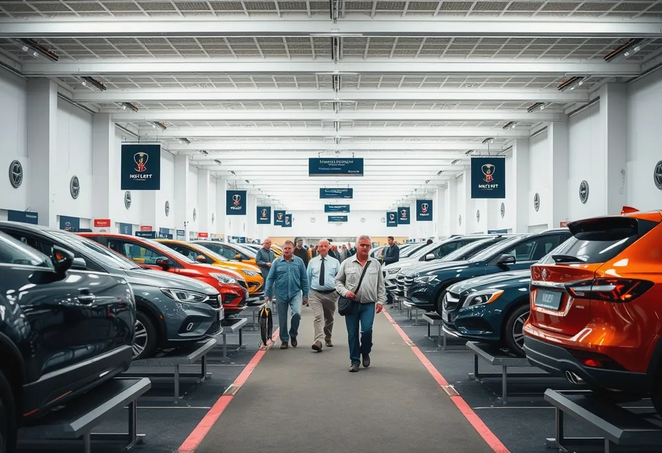 An indoor motor show hall with cars on low platforms under bright overhead light, visitors sitting in open-doored vehicles.
