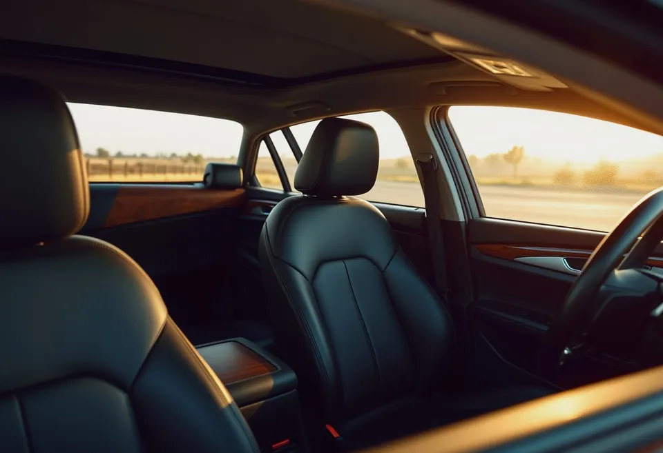 A car interior photographed from the open driver's door with a tape measure laid along the length of the seat base.