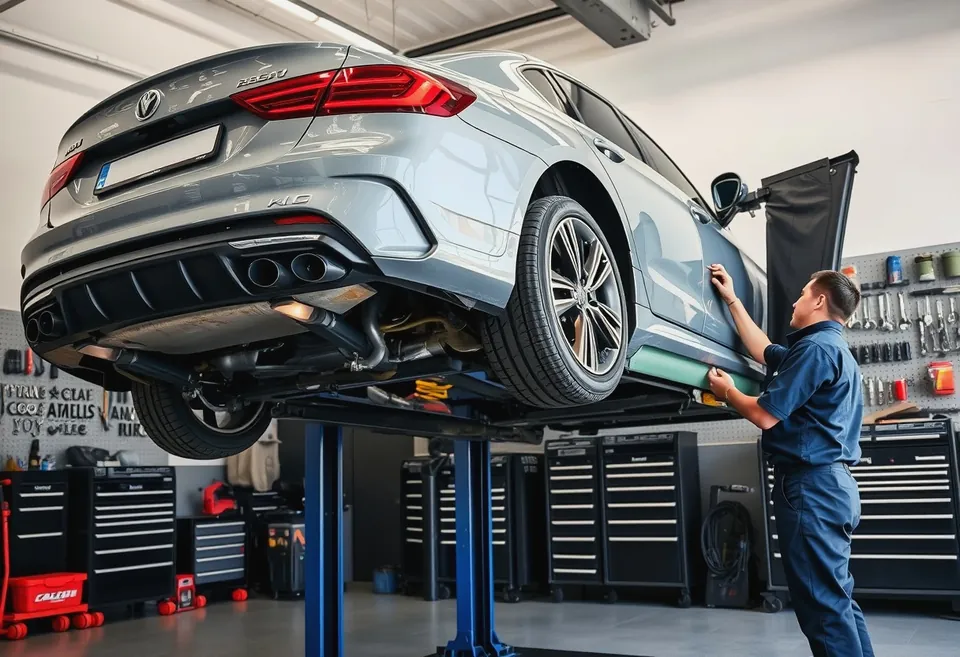 A workshop bay with a car on a lift, wheels off, and a dial pressure gauge and notebook on the bench in the foreground.